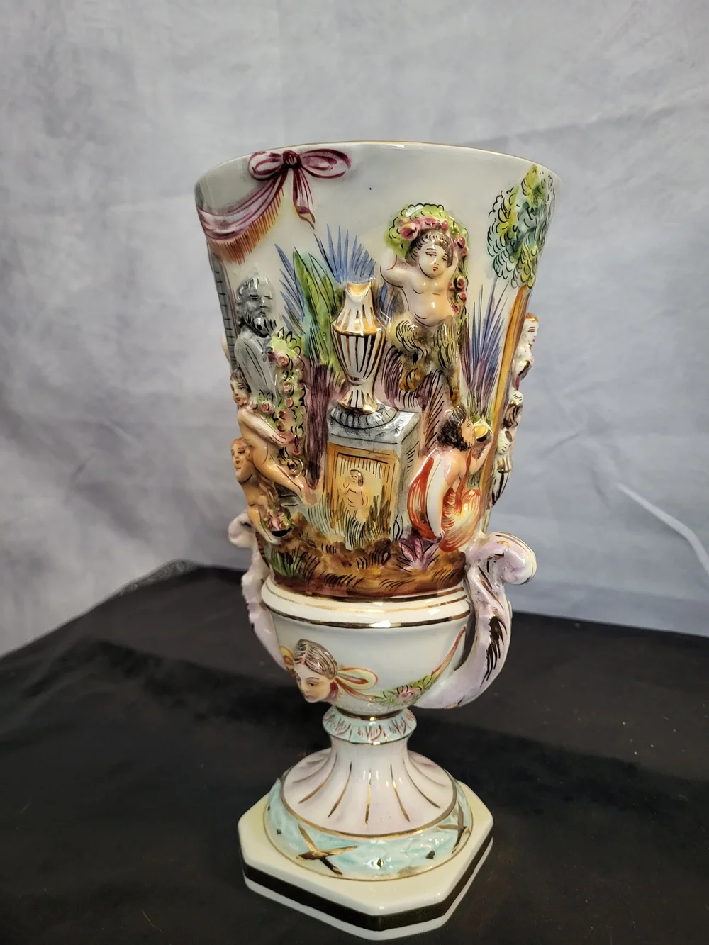 Numbered Ornate White and Gold Porcelain Urn Vase with Multicolor Relief